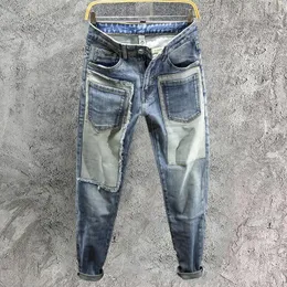 Erkekler Kot 2023 Erkekler Kontrast Renk Pantolonları İnce Fit Cepleri Jean High Street Hip Hop Birleştirme Motosiklet Pantolon