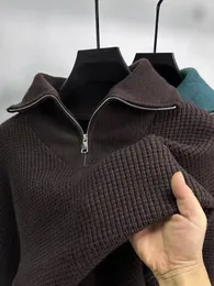 Мужское термобелье Высококачественная мужская мода утолщенный теплый вязаный свитер 2023 осенне-зимний тренд Корейский повседневный пуловер с высоким воротником на половинной молнии 231213