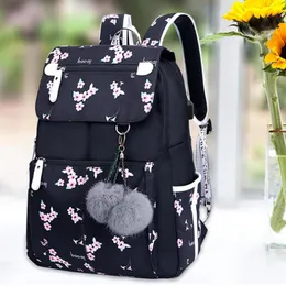 School Bags USB Charge Backpack Female Fashion For Girls Black Plush Ball Girl Schoolbag Cherry Blossom Decoration250a