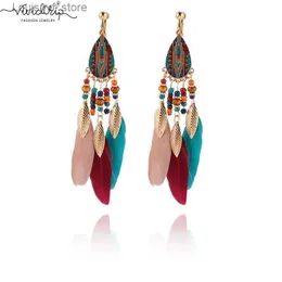 Stud Fashion Bohemian Long Quastel Emaille Feather Clip an Ohrringen für Frauen ohne durchdringende Hängeohrklammern Frauen Bijoux 2018 T231213