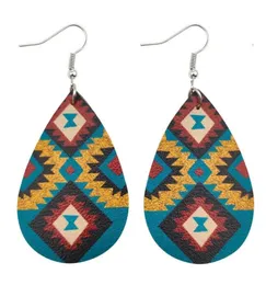 매달려 샹들리에 기하학적 지그재그 패턴 UV 프린트 PU 가죽 눈물 방울 Aztec Earrings Fashion Ethnic Jewelry Bijoux G3290173