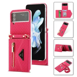 ل Samsung Galaxy Z Flip 5 4 3 5g Wallet Phone Case Crossbody Zipper Card Strap Lanyard Women Kickstand Flip Leather Cover