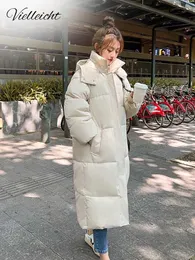 Женские пуховые парки Vielleicht, корейская куртка, женские зимние парки X-длинной длины, однотонные с капюшоном, утепленные, женские, зимние, пальто, свободная одежда с подкладкой, 231212