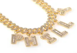 Anpassade namn Baguette Letters With Miami Cuban Link Chain Pendant Necklace Full Bling Punk Hiphop Jewelry6169610