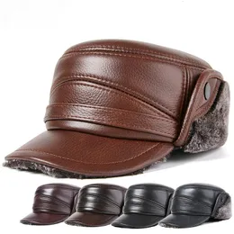 Trapper Chapéus Couro Genuíno Homens Inverno Cap Super Quente Fleece À Prova de Vento Chapéu Ajustável Militar Cadete Exército Flat Top com Earflap 231212