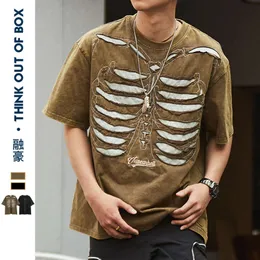 24ss Double-layer Pattern Sewn Short-sleeved Men's Fashion High Street Style Hip-hop Washed Old Small Design Loose T-shirt