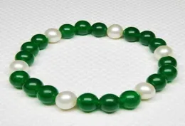 75quot 85quot 89mm White Pearl 8mm Green Jade Round Gems Pärlor Bangle Armband2621484
