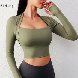 Completo da yoga Aiithuug Camicie imbottite Top a maniche lunghe Crop Top Camicia da palestra taglio basso Allenamento Top Inserti Pad Slim Fit Sport Sexy 231212