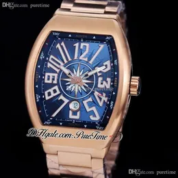 Vanguard Classic V45 A21J Relógio Automático Masculino Rosa Ouro Azul Dial Interno Branco Marcadores de Número Grande Pulseira de Aço Inoxidável Relógios2628