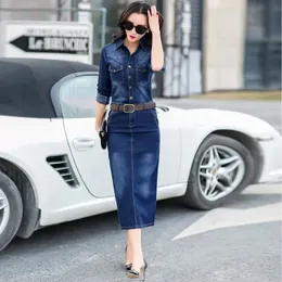 Grundläggande casual klänningar 2023 Spring Autumn for Women Vintage Denim Dress Lady Long Sleeves Blue Jeans Wrap Arm Vestidos S3XL 231212