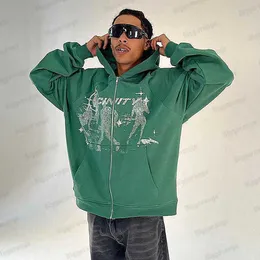 Мужские толстовки с капюшоном Y2k New Hiphop Green Zipper Hoodie Man Personality Street Harajuku Anime Print Hoodie Пальто с длинными рукавами T231213