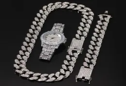 3pcsset Men Hip hop iced out bling Chain Necklace Bracelets watch 20mm width cuban Chains Necklaces Hiphop charm jewelry gifts15057147