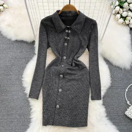 Casual Dresses Foamlina Retro Style Women Spring Autumn Dress Slå ner krage långärmad knappar dekoration smal bodycon party club