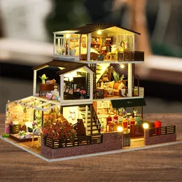 Architecture/DIY House Diy Wooden Doll Houses Miniature Building Kits With Furniture Light Assembly Romantic Big Casa Dollhouse Toys For Girls Gifts 231212
