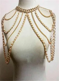 Chran moda feminina sexy cor de ouro corpo colar corrente charme multi camada falso pérola ombro escravo cinto cinto arnês jóias3127069