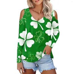 Damen-T-Shirts, Hemdbluse, modisch, lässig, V-Ausschnitt, St. Patrick's Day-Aufdruck, sexy schulterfreie Langarm-Tops