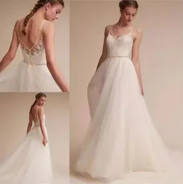 Wedding Dresses Beads Lace Appliqued V Neckline Long Crystal Bridal Gowns Sexy Backless Beach Tulle A-Line Wedding Dress