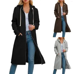 Damen Trenchcoats 2024 Herbst Winter Lose Lange Strickjacke Reißverschluss Mit Kapuze Sweatershirt Freizeitjacke Warme Oberbekleidung Solide Windjacke Mantel