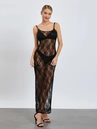 Повседневные платья Wsevypo, черное кружевное прозрачное длинное платье с цветочным принтом, женское сексуальное облегающее платье без рукавов, уличная одежда для ночного клуба, прозрачные платья