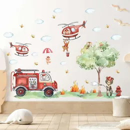 Cartoon A Groucartoon Animal Fireman Helicopter Fire Truck Wall Stickers för barn rum sovrum barnkammare dekoration väggdekaler