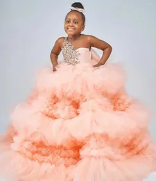 Vestidos da menina luz rosa fofo pageant vestido de luxo flor meninas para casamento crianças babados festa aniversário vestidos poshoot