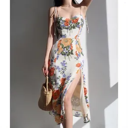 Casual Dresses French Style Retro Idyllic Floral Print Strap Dress Women's High Waist Slim Looking Sexy Side Split Vacation