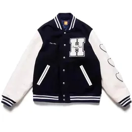 Giacche da uomo H Lettera Giacca da baseball Varsity Uomo Oversize Donna Cappotti Manica in pelle Blu navy Cuore Flock Vintage Baggy Jaqueta Masculina 231212