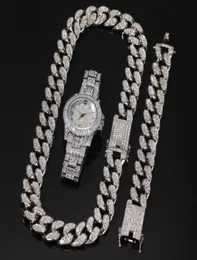 3 teile/satz Männer Hip Hop Iced Out Bling Kette Halskette Armbänder Uhr 20mm Breite Kubanische Ketten Halsketten Hiphop Charme Schmuck Geschenke 19158758