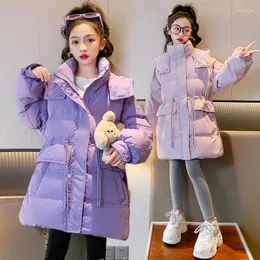 Piumino coreano invernale Junior Girl Giacca lunga Adolescente Cintura con coulisse Parka caldo con cappuccio Bambino