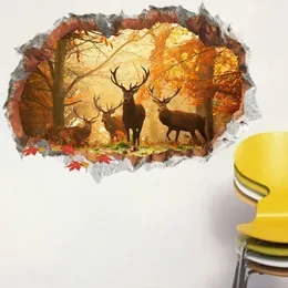 Waldhirsch 3d Wandaufkleber Herbst Winter Winterlandschaft Poster Tiere Wandaufkleber für Kinderzimmer Schlafzimmer Vinylabziehbilder Hausdekoration