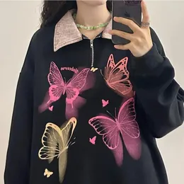 Kadın Hoodies İlkbahar ve Sonbahar Gevşek Kelebek Graffiti Kıyafet Zip Hoodie Kawaii Polo Yakası Sweatshirt Kadın Preppy Top Y2K Giysileri