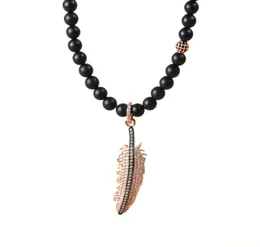 New Fashion Jewelry Whole 5pcslot 6mm Natural Matte Agate Stone With Micro Pave Full Cz Feather Men039s Pendant Necklace7116007
