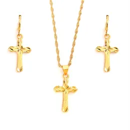 24 k Gelb Feingold GF Kleine Mini Steuerstempel Kreuz Anhänger Kette Ohrringe Set Christliche Schmucksets Frauen Mädchen Jesus Geschenk236g