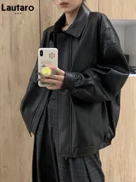 Casacos de Trench Femininos Lautaro Primavera Outono Cool Retro Casual Oversized Preto Impermeável Macio Jaquetas de Couro Falso para Mulheres Zíper Cintura Elástica 231213