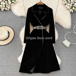 2023 Autumn Winter Women's Wool Office Lady V Collar Single Breasted Long Sleeve Big Swing Knee Women Coats Outerwear Sashes Wool Coat Dress