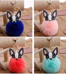 10pcs/lot cute dog keychain y Rabbit Fur French Bulldog Keychains Pompon 키 체인 PU 가죽 홀더 여자 가방 자동차 키 링 5602078