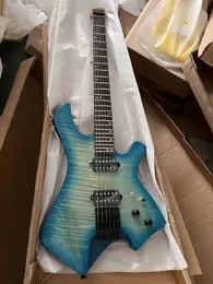 Sky Blue Headless Diagonal Six String String Electric Guitar ، White Wax Wood Body ، Maple Neck Finger