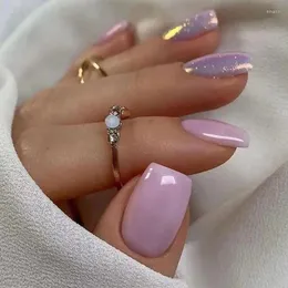 Falska naglar 24st kort falsk nagel med glänsande pulver fyrkantiga lila färdig bärbar press på enkla diy manikyrverktyg