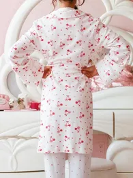 Women's Sleepwear Women Plush Long Robe Cherry Print Fleece Shawl Collar Vneck Bathrobe For Spa Party Robes With Belt Lounge