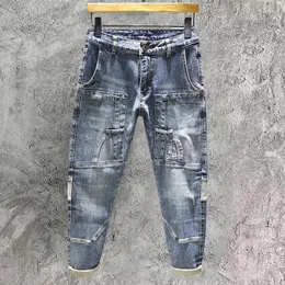 Мужские джинсы, осенние эластичные нашивки, облегающие универсальные мужские джинсы в европейском стиле, высококачественные модные брюки в стиле хип-хоп
