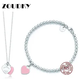 DORAPANG Heart Shaped Bracelet & Necklace 100% 925 Sterling Silver Pink Pendant Simple Design For Women Elegant Gift Jewelry243h