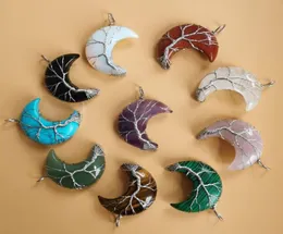 10PCSLot Tree of Life Crescent Moon Shape Pendant Silvertone Wire Wrap Natural Gemstones Healing Crystal Women Necklace8524683
