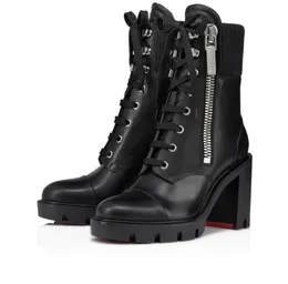 Luxury red shoes Woman ankle boots black calf leather En Hiver Lug 70mm Low boots black heeled side zipper lace up Martin Motorcycle boots with box 35-43
