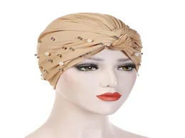 Turbante musulmano Cappello elasticizzato Treccia Hijab Cap Avvolgere la testa Capelli Latte Perline di seta Bandane da donna Accessori moda7922951