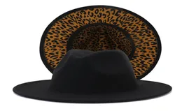 New Black With Leopard Bottom retchwork Wool Felt Jazz Fedora Hats Homens Mulheres Brim Panamá Duas Tone Tone Party Wedding Formal Hat2215967
