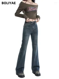 Kvinnors jeans boliyae retro hög midja smala kvinnor streetwear flare denim byxor y2k mode gata tvättade mamma byxor våren höst