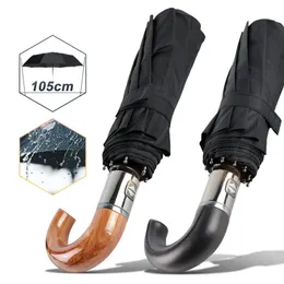 Paraplyer British Leather Handle Paraply Men Automatic Business 10ribs Stark vindtät 3 -fällbara Big Rain Woman Quality Parasol 231213