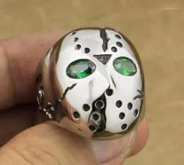 Anello da uomo in acciaio inossidabile 316L con maschera di Halloween Jason Hockey Green CZ Eyes 3F201A15869214