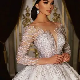 Stunningbride 2024 Squisito abito da ballo con scollo a V profondo Abiti da sposa reali Abito a maniche lunghe Abito in pizzo con perline Principessa Glitter Tull Abito da sposa principessa