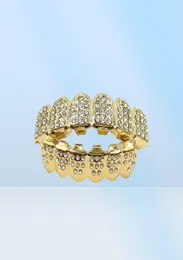 Hip Hop ICED OUT CZ Diamanten Top Silber Hiphop Schmuck Gold Zähne Grillz Strass TopBottom Grills Set Shiny Tooth2843881